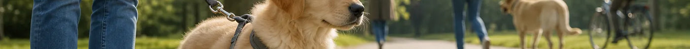 Jonge puppy ontdekt ontspannen de buitenwereld met prikkels op veilige afstand