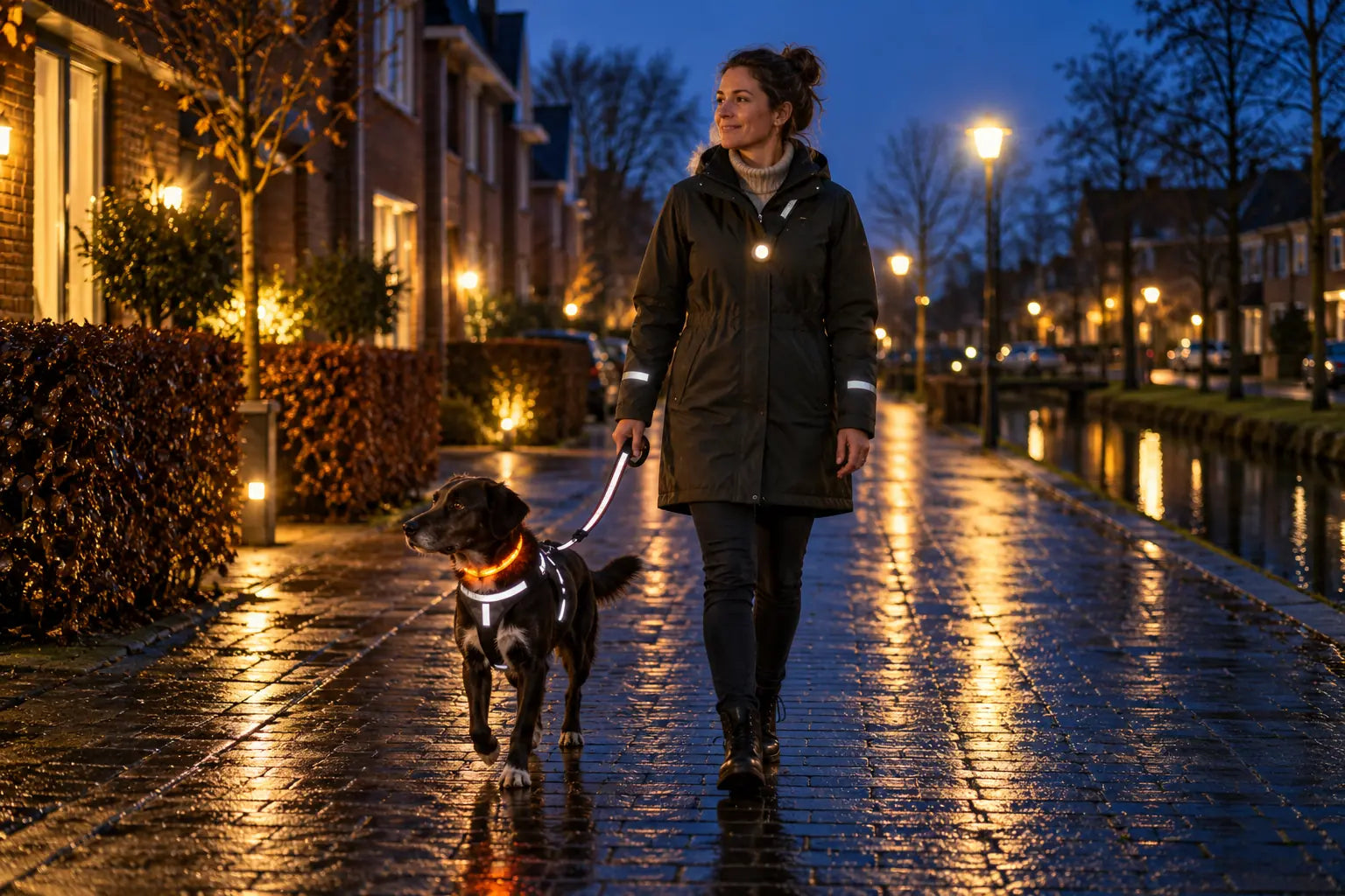Hond en eigenaar lopen zichtbaar met reflectie en verlichting in het donker