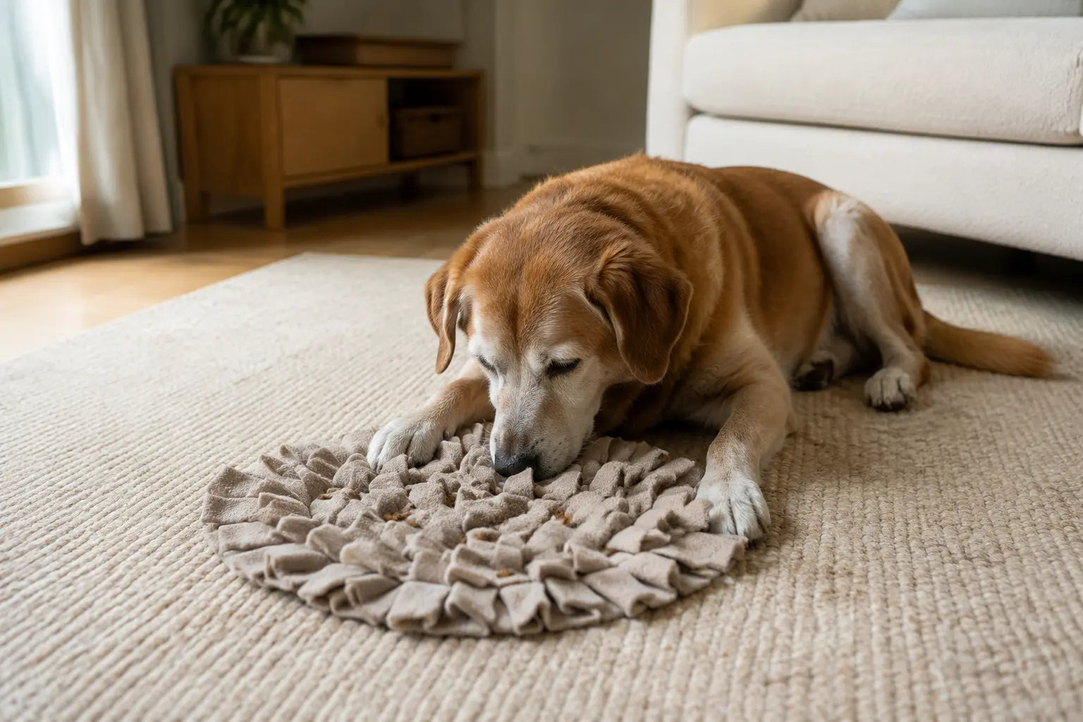 Oudere hond zoekt liggend naar brokjes in een snuffelmat
