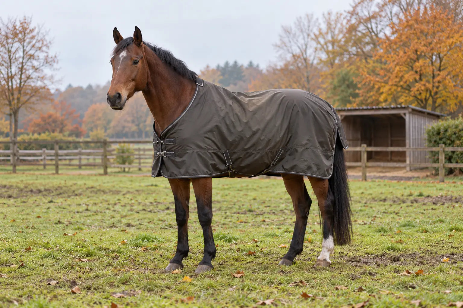 Paard met een goed passende deken in een rustige herfstweide