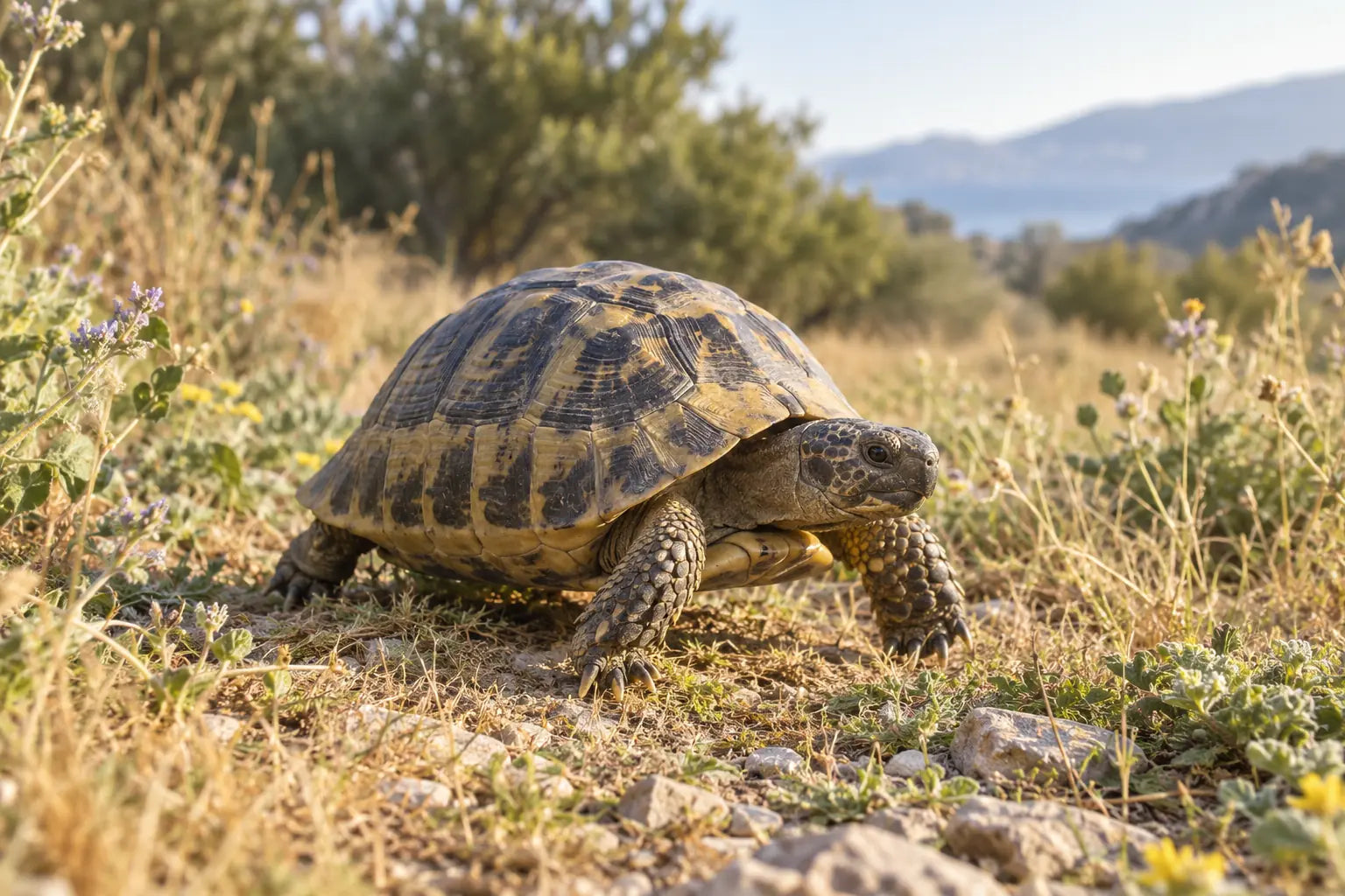 Griekse landschildpad loopt door een zonnig mediterraan landschap