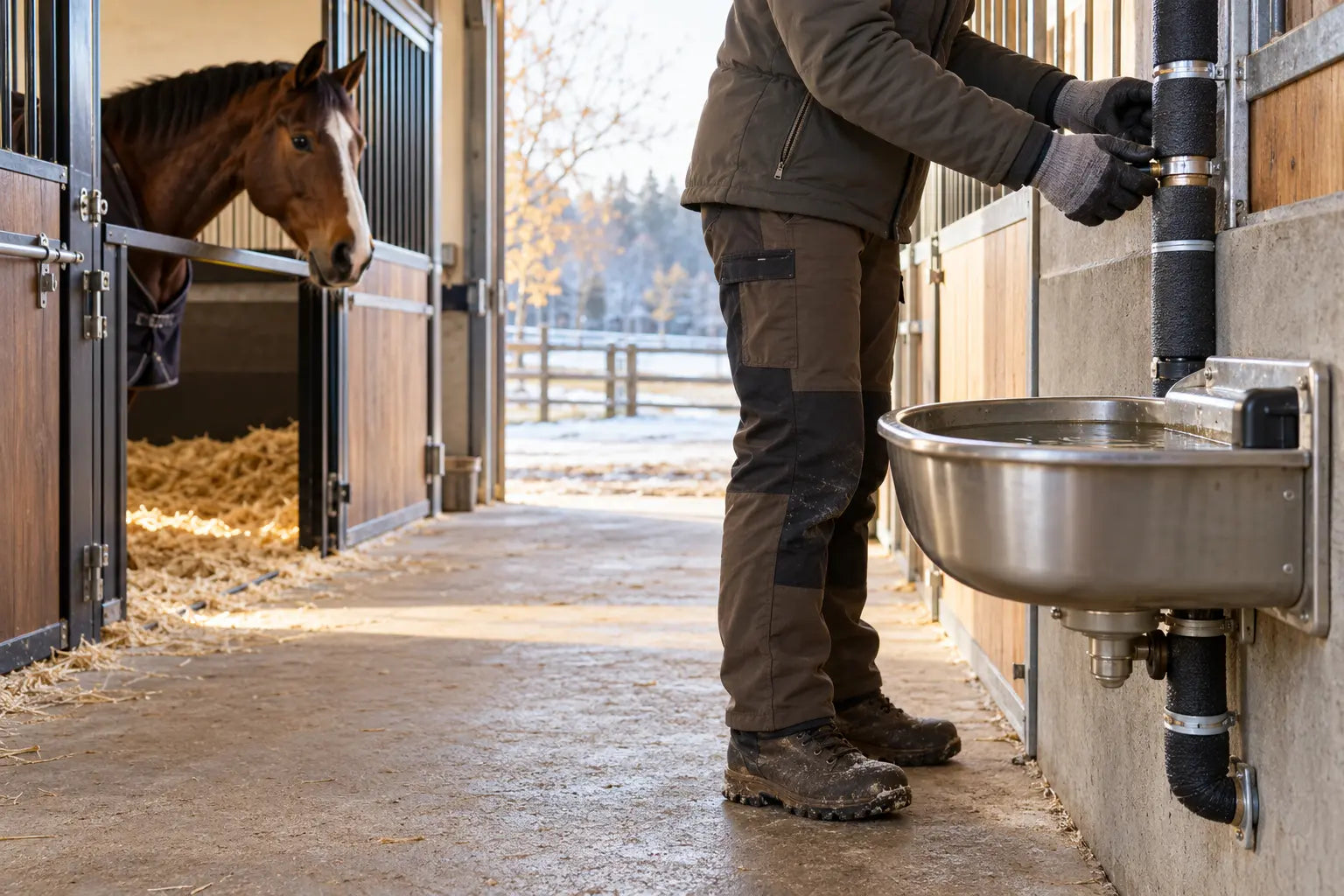 Stalhouder controleert een geïsoleerde waterleiding bij een paardenstal