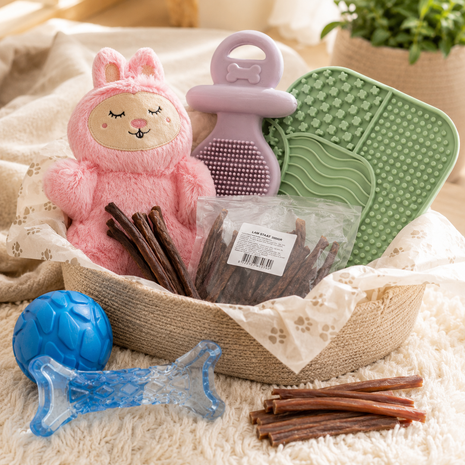 Fidello Geschenkpaket für einen neuen Welpen – Willkommenspaket mit Spielzeug, Snacks und Leckmatte